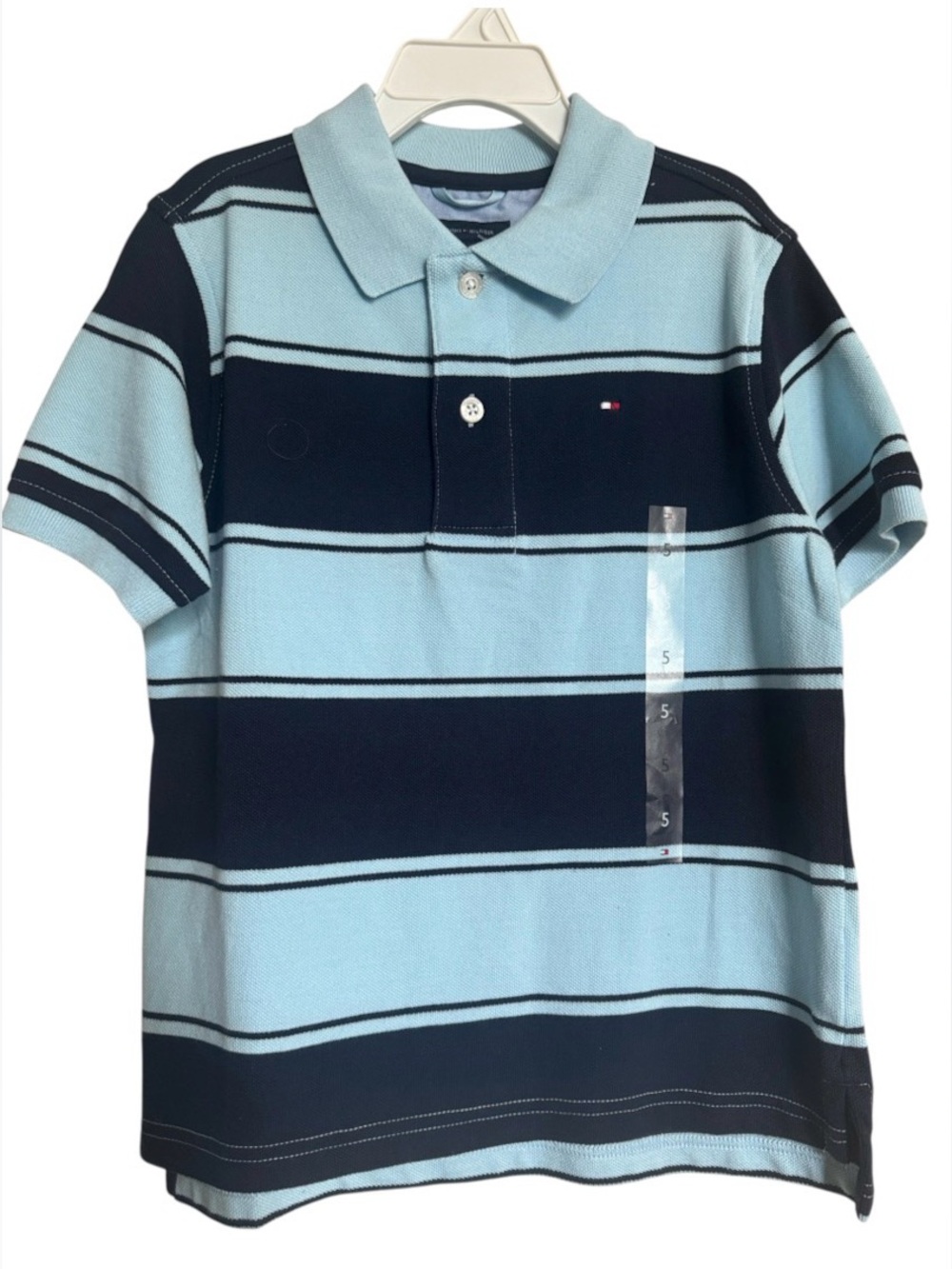 TOMMY HILIFIGER Boys Light Blue Navy Horizontal Stripe Polo Shirt S/S Size 5 NEW